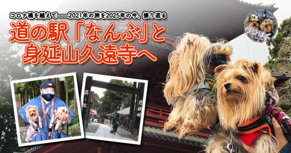 ヨークシャーテリアのテリーとリアンを連れて、山梨県『道の駅なんぶ』と『身延山 久遠寺』を訪れたときの写真。2021年の旅を2025年に振り返るアイキャッチ画像