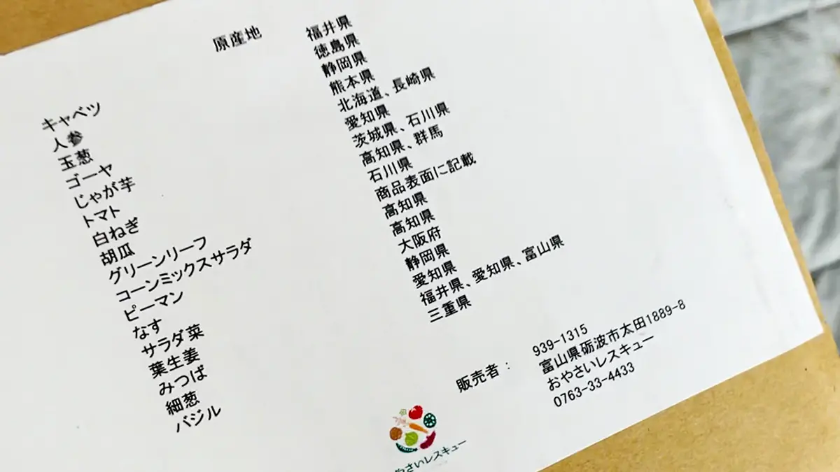 『おやさいレスキュー』さんで届いたお野菜のリスト。17種種も入っていて産地も色々。