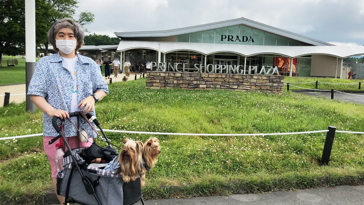 『軽井沢プリンス ショッピングプラザ』の中にあるPRADAの前で記念撮影するヨークシャーテリア(テリーくんとリアンくん)