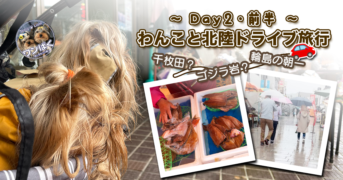 「Day2前半｜わんこと北陸ドライブ旅行」アイキャッチ画像。 テリー＆リアンの後ろ姿、輪島の朝市、干物の写真がコラージュされている。 テキストには『干枚田？』『ゴジラ岩？』『輪島の朝一』など。