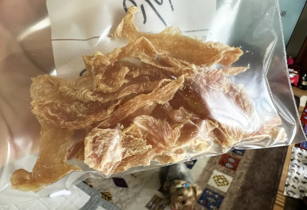 BelleLifeさんのフードドライヤーで作った自家製鶏肉ジャーキーが完成したので、ジップロックに入れて保存。下にはヨーキー（テリー）が欲しそうに見上げている。