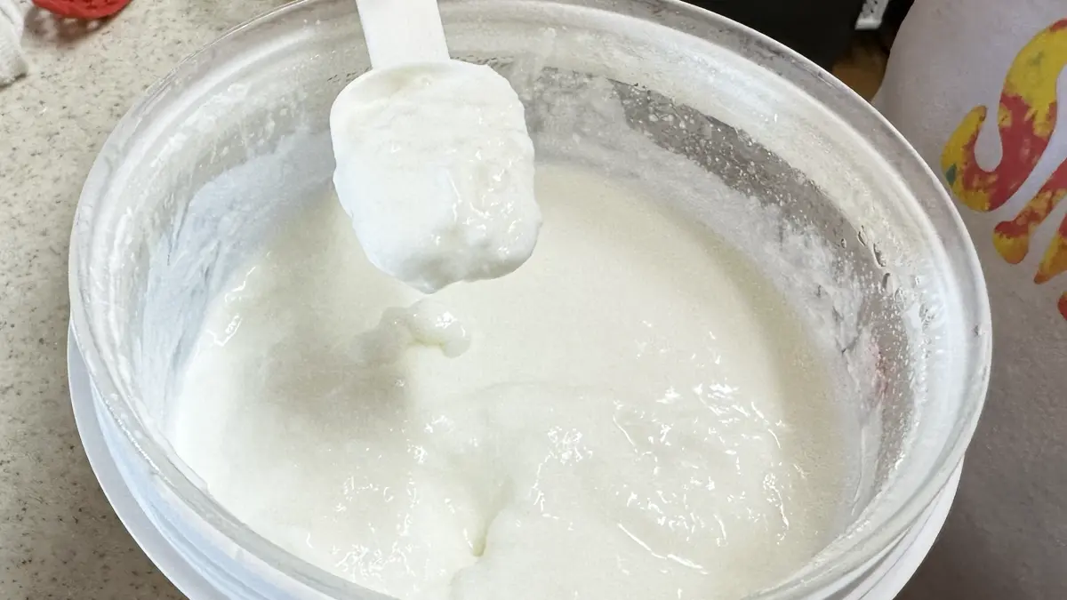 完成した自家製ヨーグルトをスプーンで掬ってみている様子