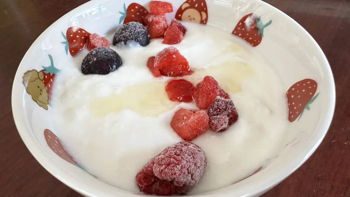 人間が食べる自家製ヨーグルト（ベリー+はちみつトッピング）