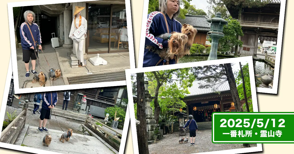 霊山寺を参拝するヨーキーズ（テリー＆リアン）とけい（親びん）のコラージュ（お遍路マネキン、灯籠、橋、境内）
