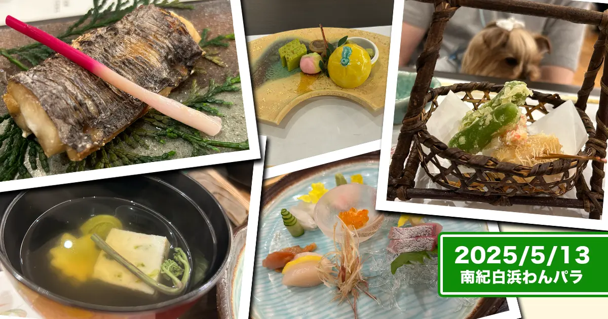 南紀白浜わんわんパラダイスの人間ディナー。焼き魚や天ぷら、お刺身にお吸い物など豪華！なコラージュ