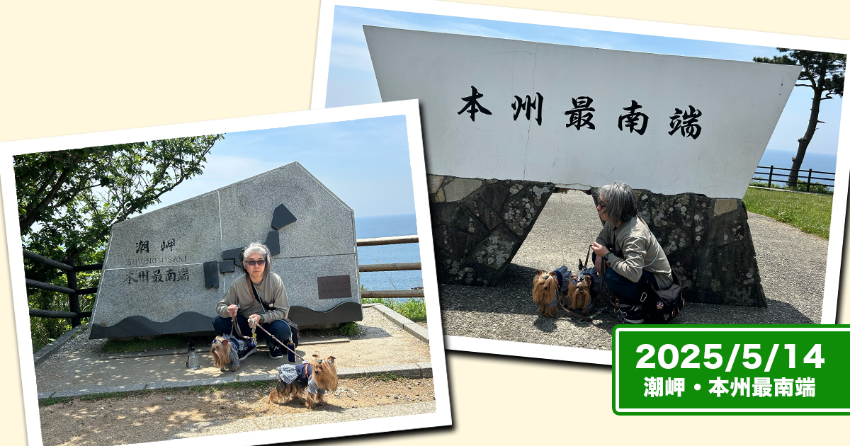 潮岬・本州最南端の碑の前で記念撮影するヨークシャーテリア