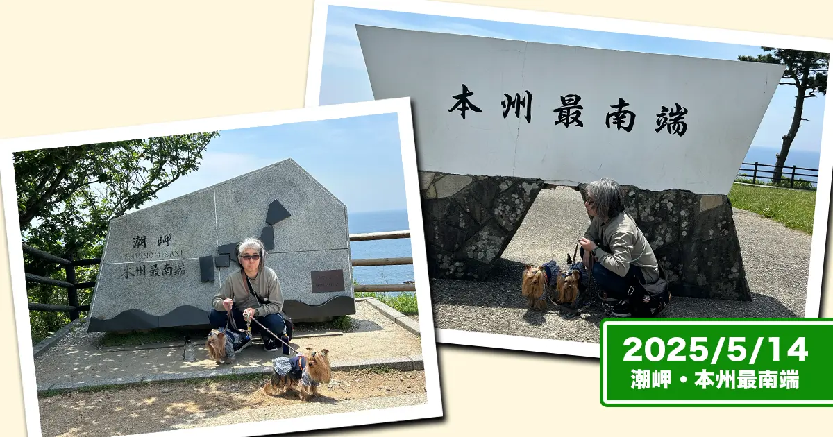 潮岬・本州最南端の碑の前で記念撮影するヨークシャーテリア（テリー＆リアン）と人間のコラージュ