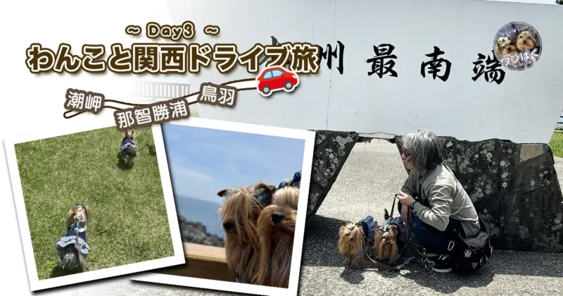 わんこと関西ドライブ旅~Day3~のサムネイル。本州最南端の碑やドッグランを走るヨーキーズ（テリー＆リアン）のコラージュ