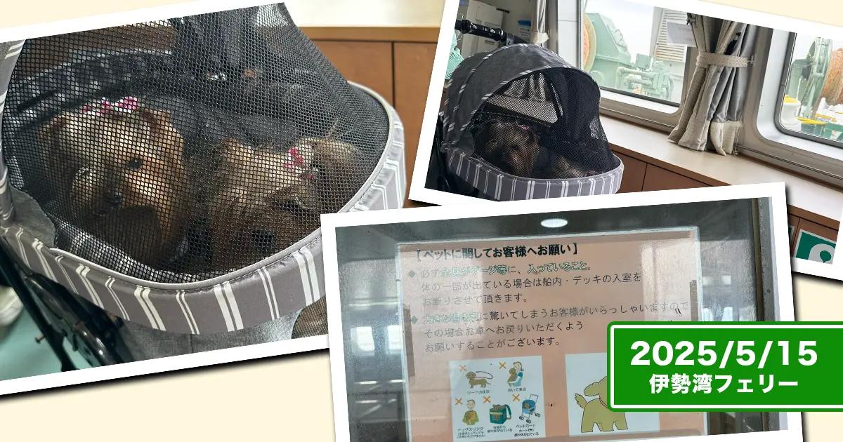 伊勢湾フェリーの中でカートに入るヨークシャーテリア(テリー&リアン)。ペットに関するお客様へのお願いポスターとのコラージュ