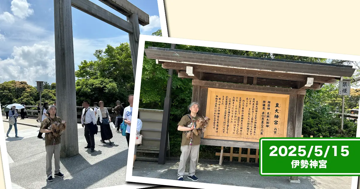 伊勢神宮の鳥居下と由来が書かれた看板の前で記念撮影したコラージュ