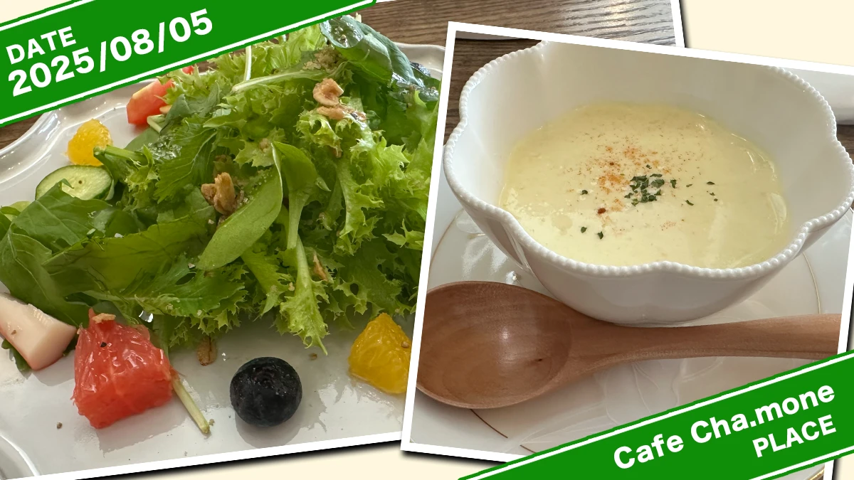 『Cafe Cha.mone.』さんメニュー「スープ（枝豆の冷製スープ）とサラダセット」