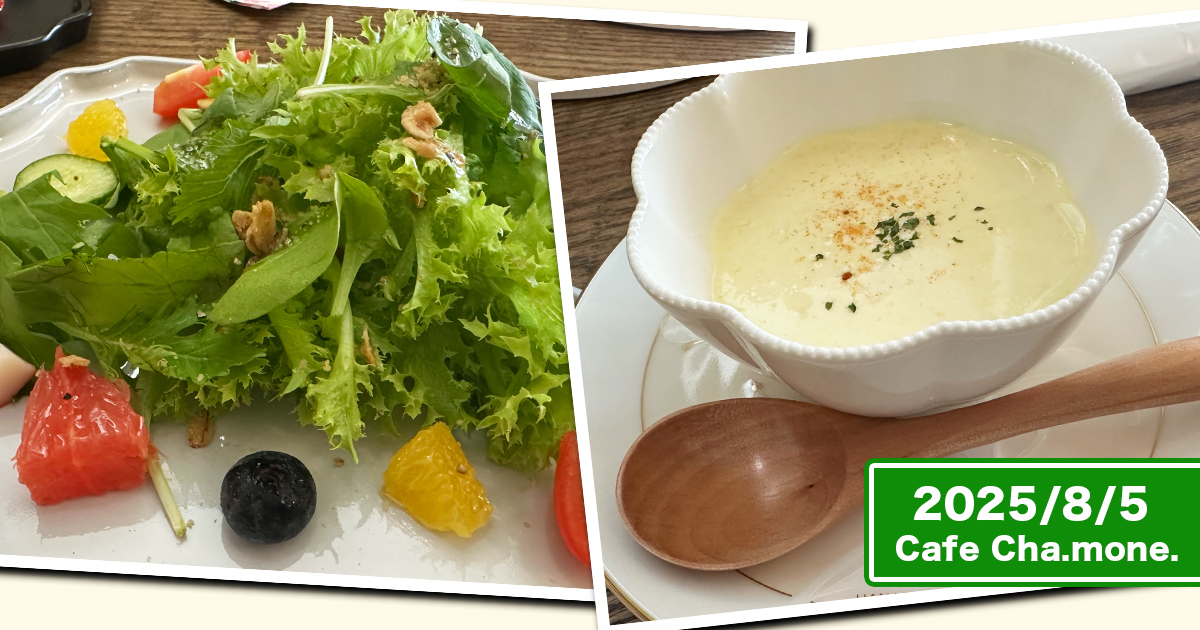 『Cafe Cha.mone.』さんメニュー「スープ（枝豆の冷製スープ）とサラダセット」