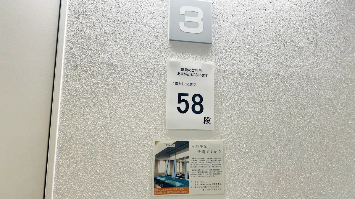 横浜市研修センターの階段の踊り場にある張り紙。「1階からここまで58段」