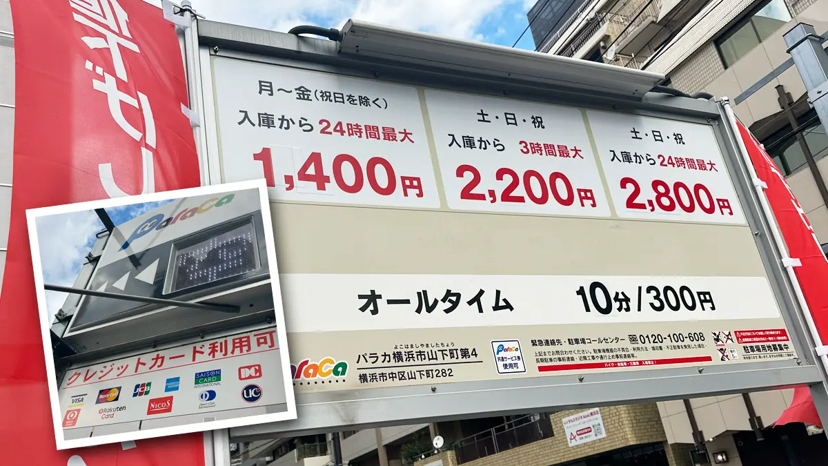 コインパーキング「paraca横浜市山下町第4」の看板。