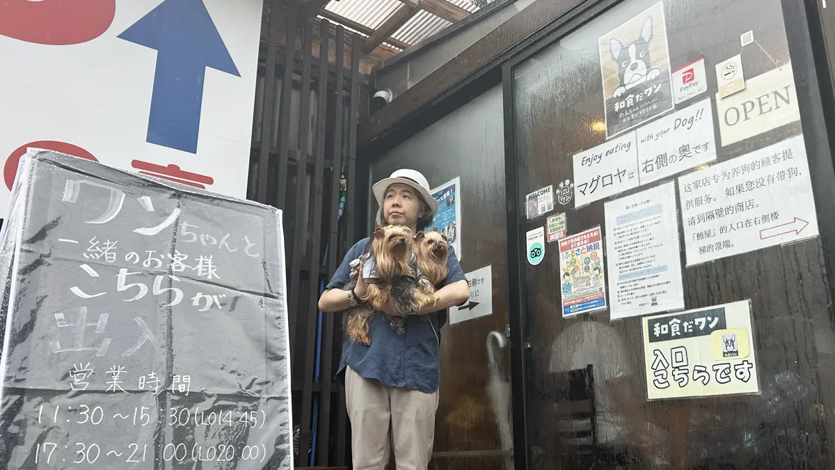雨の中、和食だワンさんの外観を撮るためにポーズしている人間とヨーキーズ(テリー&リアン)