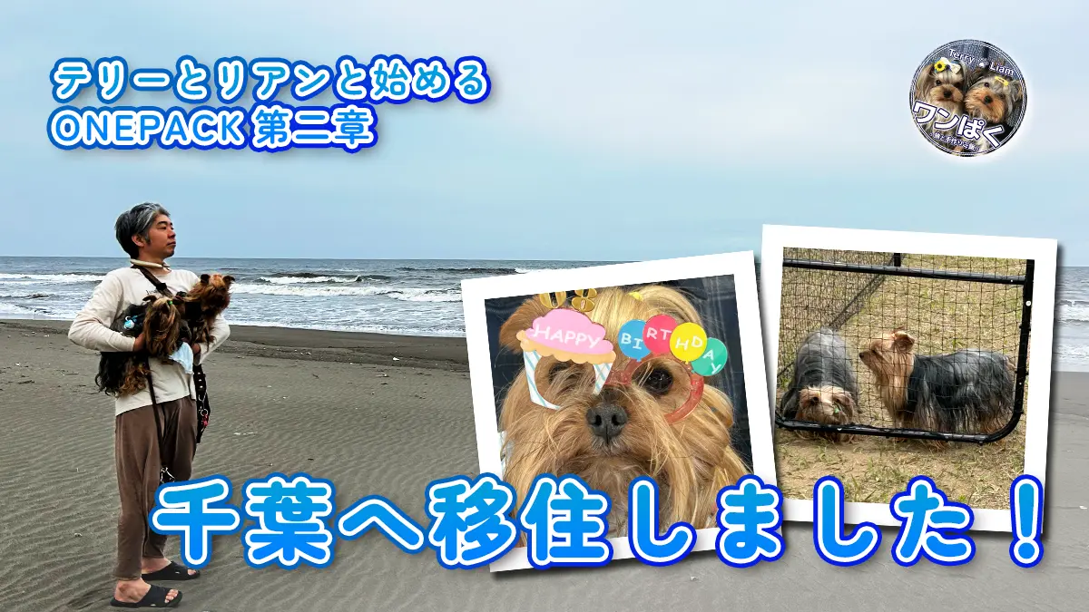 千葉県大網白里市への移住を知らせるOnepack第二章のアイキャッチ画像。海辺に立つ飼い主と愛犬のテリー・リアン、誕生日写真とドッグランの写真を組み合わせたデザイン。