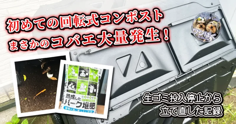 コバエが大量発生した回転式コンポストと、改善に使用したバーク堆肥、発酵中のコンポスト内部の様子
